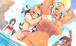  4girls :x ahoge ahoge_girl_(23) arm_up arms_up assisted_exposure ball bikini black_hair blonde_hair blood blue_bikini blue_eyes blush breasts brown-haired_girl_(23) brown_hair checkered checkered_bikini clenched_hand cloud constricted_pupils couple covered_nipples dark-skinned_girl_(23) dark_skin day flat-chested_girl_(23) hair_ornament highres huge_breasts jitome large_breasts long_hair midriff multiple_girls navel nosebleed open_mouth original outdoors partially_submerged red_bikini red_eyes short_hair sky smile swimsuit undressing water yuri 