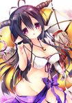  :o antenna_hair bandages bikini_top black_hair breasts cleavage danua draph front-tie_top granblue_fantasy horns large_breasts long_hair looking_at_viewer natsuki_yuu_(amemizu) navel pointy_ears purple_eyes ribbon solo 