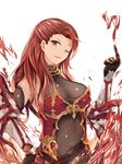 ;d armor black_gloves breasts fire genderswap genderswap_(mtf) gloves granblue_fantasy half_updo head_tilt highres index_finger_raised large_breasts long_hair magic one_eye_closed open_mouth percival_(granblue_fantasy) red_eyes red_hair sleeveless smile solo upper_body white_crow yellow_eyes 