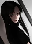  aconitea bad_id bad_pixiv_id bangs black_eyes black_hair blurry depth_of_field dutch_angle eyelashes highres long_hair looking_at_viewer mole mole_under_eye parted_bangs parted_lips short_sleeves smile solo tomie tomie_kawakami upper_body 