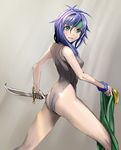  ass back bad_id bad_pixiv_id bangs blush closed_mouth faris_scherwiz final_fantasy final_fantasy_v flat_ass green_eyes grey_background hair_between_eyes headband holding holding_clothes holding_sword holding_weapon legs_apart leotard long_hair looking_at_viewer purple_hair shijima_(tanfn) short_sword sleeveless solo standing sword weapon wrist_cuffs 