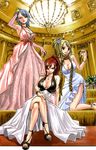  adjusting_hair black_eyes blonde_hair blue_hair bracelet breasts brown_eyes cleavage clenched_hand crossed_legs dress earrings elbow_gloves erza_scarlet fairy_tail frown gloves hand_on_another's_shoulder highres jewelry juvia_lockser kneeling large_breasts long_hair long_legs looking_at_viewer lucy_heartfilia mashima_hiro multiple_girls necklace pink_dress pink_gloves ponytail red_hair sandals scarf short_hair side_slit sitting smile smirk stairs tattoo white_dress 