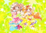  :3 \m/ amanogawa_kirara asymmetrical_gloves bare_shoulders brown_eyes brown_hair cure_twinkle gloves go!_princess_precure hair_ribbon hairband holding_hands idolmaster idolmaster_cinderella_girls jumping kintaro long_hair looking_at_viewer moroboshi_kirari multiple_girls namesake necktie open_mouth orange_hair precure purple_eyes ribbon scrunchie star thighhighs twintails two_side_up 