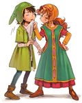  1girl anger_vein belt blue_eyes blush boots brown_footwear brown_hair closed_eyes curly_hair dragon_quest dragon_quest_vii dress green_hat hand_on_hip hat hero_(dq7) long_hair maribel_(dq7) nona_(831korokke) open_mouth pantyhose red_hair standing sweatdrop 