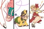  all_fours azuma_takeshi_(andon_kandelaar) blonde_hair bow fang flandre_scarlet green_eyes hat hat_bow hata_no_kokoro heart heart_of_string komeiji_koishi long_hair mask multiple_girls open_mouth pink_eyes pink_hair red_eyes side_ponytail third_eye touhou upside-down white_background white_hair 