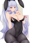  animal_ears bangs bare_shoulders black_legwear blunt_bangs breasts bunny_ears bunnysuit cleavage covered_navel fake_animal_ears finger_to_mouth hair_ribbon hairband highres kantai_collection large_breasts lavender_hair long_hair looking_at_viewer md5_mismatch murakumo_(kantai_collection) nipples orange_eyes pantyhose red_ribbon ribbon solo suiren_(mystia6b) tress_ribbon wide_hips 