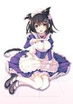  alternate_costume animal_ears apron black_footwear black_hair blush bow breasts brown_eyes cat_ears cat_tail dress frills full_body haguro_(kantai_collection) hair_bow hair_ornament kantai_collection kemonomimi_mode long_sleeves looking_at_viewer maid_headdress medium_breasts on_floor open_mouth over-kneehighs purple_dress shoes short_hair simple_background solo sumisuzu tail thighhighs tile_floor tiles waist_apron white_apron white_background white_legwear 