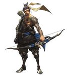  absurdres arnold_tsang arrow beard black_hair boots bow_(weapon) cyborg facial_hair frown full_body hadanugi_dousa hanzo_(overwatch) highres male_focus official_art overwatch quiver seigaiha solo standing tattoo transparent_background weapon 