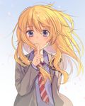  bangs blazer blonde_hair blue_eyes blue_shirt blush finger_to_mouth floating_hair jacket long_hair long_sleeves looking_at_viewer miyazono_kawori necktie open_blazer open_clothes open_jacket shigatsu_wa_kimi_no_uso shigure_ui shirt simple_background smile solo striped striped_neckwear upper_body white_background 