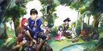  animal black_hair blonde_hair blue_eyes blue_hair boots brown_eyes food forest green_hair group hat headdress kyouya_kakehi loli long_hair male original purple_hair red_hair short_hair tree twintails water wink witch_hat 