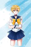  bishoujo_senshi_sailor_moon blonde_hair blue_choker blue_eyes blue_sailor_collar blue_skirt brooch choker circlet collarbone earrings gloves ingyeo0614 jewelry miniskirt pleated_skirt ribbon sailor_collar sailor_senshi_uniform sailor_uranus short_hair signature skirt smile solo sparkle star ten'ou_haruka very_short_hair white_gloves 