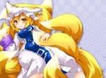  animal_ears blonde_hair blush breasts fang fox_ears fox_tail hat highres kazami_karasu large_breasts long_sleeves looking_at_viewer multiple_tails pillow_hat short_hair smile solo tabard tail touhou yakumo_ran yellow_eyes 