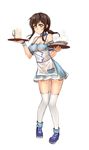  absurdres alternate_costume beer_mug black_hair brown_eyes fish fubuki_(kantai_collection) highres kantai_collection long_hair low_ponytail onceskylark short_ponytail sidelocks solo thighhighs tray waitress 