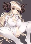  ahoge anila_(granblue_fantasy) bad_id bad_pixiv_id blonde_hair blush breasts cleavage draph eyebrows gloves granblue_fantasy highres horns large_breasts long_hair long_sleeves looking_at_viewer noto_kurumi open_mouth sheep_horns simple_background smile solo thighhighs white_legwear yellow_eyes 