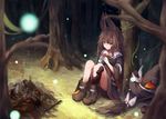  animal_ears boots broom brown_eyes brown_hair campfire dark eating fantasy food forest hat hat_removed headwear_removed light_particles long_hair midriff nature night original roll_okashi sitting skirt smile solo tree witch witch_hat 