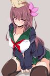 blush breasts brown_hair brown_legwear collarbone commentary_request green_skirt hair_ornament hand_on_another's_head heart highres jacket kanbayashi_chiko kantai_collection kisaragi_(kantai_collection) large_breasts long_hair long_sleeves out_of_frame petting pleated_skirt purple_eyes remodel_(kantai_collection) ribbon school_uniform seiza serafuku simple_background sitting skirt sleeves_past_wrists smile solo_focus thighhighs v_arms zettai_ryouiki 