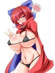  :d alternate_costume bikini blue_bow blush bow breasts cape covered_nipples cowboy_shot flying_sweatdrops groin hair_bow high_collar highres huge_breasts looking_at_viewer micro_bikini navel nose_blush open_mouth parmiria red_eyes red_hair sekibanki short_hair smile solo spoken_blush swimsuit touhou v white_background 