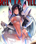  bakuzan bangs black_hair blue_eyes blurry breasts bu_li closed_mouth copyright_name debris depth_of_field frills from_below frown gloves gradient groin hand_on_hip holding holding_sword holding_weapon junketsu kill_la_kill kiryuuin_satsuki large_breasts long_hair looking_down navel revealing_clothes solo stomach strap_gap sword thighhighs very_long_hair weapon white_gloves white_legwear 
