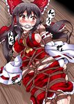  ankle_socks arms_behind_back ascot ball_gag bdsm between_breasts black_hair blush bondage bound bound_arms bound_legs bow breast_bondage breasts crying crying_with_eyes_open detached_sleeves eyebrows eyebrows_visible_through_hair frilled_bow frilled_skirt frills gag hair_tubes hakurei_reimu highres lilish long_sleeves looking_to_the_side medium_breasts nose_blush panties ponytail red_bow red_eyes red_vest ribbon-trimmed_sleeves ribbon_trim round_teeth shibari shiny shiny_skin sideboob sidelocks skindentation skirt skirt_pull socks solo sweat tears teeth touhou translation_request underwear vest wet white_legwear white_panties 