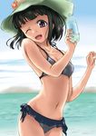  ;d bikini black_hair bottle hat idolmaster idolmaster_cinderella_girls navel niwa_hitomi one_eye_closed open_mouth purple_eyes short_hair smile solo standing swimsuit water_bottle yummy_(donyat1983) 