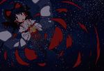  afloat black_hair blush bow candy detached_sleeves food hair_bow hair_tubes hakurei_reimu highres jar konpeitou long_hair partially_submerged reflection skirt skirt_set sky solo sonson_(eleven) star_(sky) starry_sky touhou water wide_sleeves 