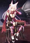  armor bell blood breasts cleavage guillotine_cross hair_bell hair_ornament highres huge_breasts ike_masato kodachi long_hair ragnarok_online red_eyes short_sword solo sword thighhighs weapon white_hair 