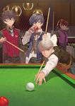 3boys :d aiming alternate_costume amamiya_ren ball bangs belt bent_over billiards black_bow black_eyes black_hair black_neckwear black_shirt blue_eyes blue_hair bow bowtie ceiling_light closed_mouth commentary_request cue_ball cue_stick female_protagonist_(persona_3) formal glasses head_rest highres holding indoors long_sleeves looking_at_viewer multiple_boys nanaya_(daaijianglin) narukami_yuu necktie open_mouth pants persona persona_3 persona_3_portable persona_4 persona_5 ponytail pool_table red_eyes red_hair shadow shirt silver_eyes silver_hair smile snooker snooker_table stool swept_bangs untucked_shirt vest white_shirt yuuki_makoto 