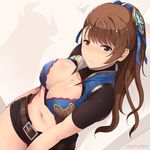  artist_name bad_anatomy beatrix_(granblue_fantasy) belt belt_buckle blue_ribbon blue_vest blush bodysuit breasts brown_eyes brown_hair buckle center_opening cleavage closed_mouth cowboy_shot dutch_angle eyebrows eyebrows_visible_through_hair frown gold_trim granblue_fantasy hair_ribbon hand_on_hip large_breasts long_hair looking_at_viewer md5_mismatch midriff open_clothes open_vest revealing_clothes ribbon shiny shiny_skin short_shorts short_sleeves shorts silhouette solo squiggle standing sts tareme thighs vest wavy_mouth 