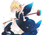  animal_print apron battoujutsu_stance blonde_hair blue_eyes bracelet broom cat_print commentary_request fighting_stance glasses holding holding_broom ido_(teketeke) japanese_clothes jewelry kimono maid_apron maid_headdress original short_hair solo translation_request wa_maid wide_sleeves 