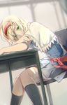  alice_margatroid belt black_legwear blonde_hair blue_dress blush capelet chair chromatic_aberration crossed_arms desk dress dutch_angle frills from_side green_eyes hairband head_tilt kneehighs leaning_forward looking_at_viewer looking_to_the_side radiosity_(yousei) school_desk short_hair solo table thighs touhou 