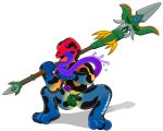  2019 alpha_channel amphibian anthro blue_skin briefs clothing crouching digital_media_(artwork) dragon_quest english_text frog leaf male mammal melee_weapon notkastar poison_dart_frog polearm saliva signature simple_background slime smile solo spear square_enix text underwear video_games weapon 