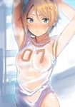  akagi_asahito armpits arms_up blonde_hair blue_eyes blush breasts highres jersey no_panties see-through shirt short_hair small_breasts solo wet wet_clothes wet_shirt 