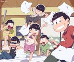  absurdres baseball_bat black_hair brothers heart heart_in_mouth highres huni0617 jumping male_focus matsuno_choromatsu matsuno_ichimatsu matsuno_juushimatsu matsuno_karamatsu matsuno_osomatsu matsuno_todomatsu multiple_boys osomatsu-kun osomatsu-san pillow pillow_fight pink_shorts sextuplets shirt shorts siblings sliding_doors smile sunglasses t-shirt twitter_username wristband 