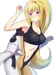  bare_arms bare_shoulders blonde_hair bodysuit breasts cleavage collarbone gundam gundam_tekketsu_no_orphans kanden_suki kudelia_aina_bernstein large_breasts long_hair navel open_clothes ponytail purple_eyes solo sports_bra tamatoys very_long_hair 