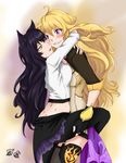  ahoge animal_ears arms_around_neck black_hair blake_belladonna blonde_hair blush breast_press breasts cat_ears fingerless_gloves gloves hug long_hair medium_breasts multiple_girls pantyhose purple_eyes rwby smile thighhighs yang_xiao_long yaya_(y8ay8a) yellow_eyes yuri 