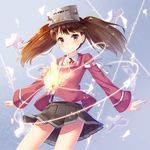  brown_hair fire japanese_clothes kantai_collection kariginu magatama motion_lines outstretched_arms pensuke pleated_skirt ryuujou_(kantai_collection) shikigami skirt solo spread_arms twintails visor_cap yellow_eyes 
