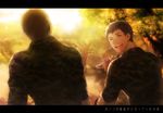  closed_eyes from_behind idolmaster idolmaster_side-m letterboxed looking_at_another male_focus military military_uniform multiple_boys open_mouth shingen_seiji shiron_(shiro_n) sitting smile spoon sunset talking uniform 