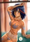  1girl arms belly_button black_hair blue_eyes blush breasts buttons elbow kill_la_kill large_breasts legs legs_together lips lipstick looking_at_viewer makeup matoi_ryuuko midriff navel painted_nails pajamas parted_lips solo 