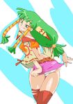  bangs blunt_bangs cowboy_shot feena_(grandia) grandia grandia_i green_eyes green_hair grin hair_ornament hair_tubes long_hair looking_at_viewer looking_back low-tied_long_hair miniskirt naughty_face onnaski panties pantyshot pantyshot_(standing) pink_skirt red_legwear simple_background skirt smile solo standing thighhighs underwear wide_sleeves 