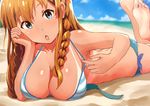  aqua_eyes barefoot bikini bikini_tan braid breasts brown_hair hayamaso huge_breasts idolmaster idolmaster_million_live! kousaka_umi long_hair soles solo swimsuit tan tanline 