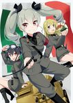  anzio_military_uniform black_hair blonde_hair blush braid brown_eyes carpaccio carro_armato_p40 carro_veloce_cv-33 drill_hair girls_und_panzer gochou_(atemonai_heya) green_eyes green_hair grin ground_vehicle hair_ribbon long_hair military military_uniform military_vehicle motor_vehicle multiple_girls necktie open_mouth pepperoni_(girls_und_panzer) ribbon riding_crop short_hair smile tank twin_drills twintails uniform 