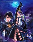  ass bayonetta bayonetta_(character) bayonetta_2 black_hair chromatic_aberration earrings full_moon glasses gun handgun highres javier_estrada jewelry leg_lift leg_up looking_at_viewer love_is_blue_(bayonetta) mole mole_under_mouth moon necklace night night_sky parted_lips pistol short_hair sky solo watermark weapon web_address 