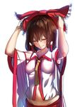  adapted_costume adjusting_headwear azuk bare_shoulders breasts brown_hair detached_sleeves hair_between_eyes hakurei_reimu highres light_smile medium_breasts red_ribbon ribbon see-through shirt sketch solo touhou upper_body wide_sleeves 