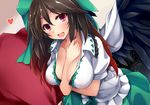  :d between_breasts bird_wings black_wings bow breasts brown_hair cape cleavage dd_mayohara feathered_wings hair_bow heart large_breasts looking_at_viewer open_mouth red_eyes reiuji_utsuho short_sleeves smile solo touhou wings 