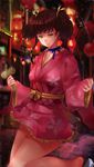  absurdres blue_ribbon brown_hair choker ctrlz77 highres japanese_clothes kimono koutetsujou_no_kabaneri mumei_(kabaneri) ribbon ribbon_choker sandals smile solo twintails yellow_eyes 