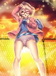  ;o ahoge arm_up ass_visible_through_thighs backlighting bag bare_legs blonde_hair bloom blue_ribbon blue_shirt blue_skirt blush chain-link_fence cloud duffel_bag fence from_below glasses glint hand_on_head highres jacket kashi_kosugi kuriyama_mirai kyoukai_no_kanata long_sleeves no_legwear one_eye_closed open_clothes open_jacket open_mouth orange_sky outdoors over_shoulder panties pantyshot pantyshot_(standing) petals pink_jacket pleated_skirt red-framed_eyewear ribbon school_bag shiny shiny_skin shirt short_hair skirt sky solo standing sun sunlight tareme thighs underwear yellow_eyes 