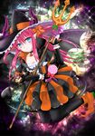  black_legwear blue_eyes breasts cleavage collar collarbone elizabeth_bathory_(fate) elizabeth_bathory_(fate)_(all) elizabeth_bathory_(halloween)_(fate) fate/grand_order fate_(series) hair_ribbon halloween_costume hat holding holding_weapon horns long_hair orange_ribbon pink_hair pointy_ears ribbon small_breasts smile solo thighhighs weapon witch_hat yuzushiro 