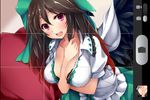  :d between_breasts bird_wings black_wings bow breasts brown_hair cape cleavage dd_mayohara feathered_wings hair_bow heart large_breasts looking_at_viewer open_mouth red_eyes reiuji_utsuho short_sleeves smile solo touhou viewfinder wings 