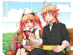  1boy 1girl ahoge bench chopsticks eating fate/grand_order fate_(series) gakuran harahara_(harashi001) highres husband_and_wife long_hair long_sleeves multicolored_hair obentou open_mouth rama_(fate/grand_order) red_eyes red_hair school_uniform sita_(fate/grand_order) smile sparkle symbol-shaped_pupils thermos twintails two-tone_hair two_side_up very_long_hair 