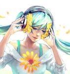  aqua_hair arms_up artist_name bare_shoulders blue_shirt close-up closed_eyes closed_mouth collarbone commentary face floating_hair flower hair_flower hair_ornament hatsune_miku headphones lips long_hair long_sleeves motion_blur off-shoulder_shirt petals shirt smile solo twintails upper_body vocaloid wenqing_yan wind 